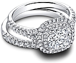 This image shows the setting with a 1.00ct cushion cut center diamond. The setting can be ordered to accommodate any shape/size diamond listed in the setting details section below. Shown with the matching wedding band; Sold separately.