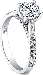 This image shows the setting with a 1.00ct round brilliant cut center diamond. The setting can be ordered to accommodate any shape/size diamond listed in the setting details section below.