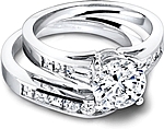 This image shows the setting with a 1.00ct round brilliant cut center diamond. The setting can be ordered to accommodate any shape/size diamond listed in the setting details section below. Shown with the matching wedding band; Sold separately.