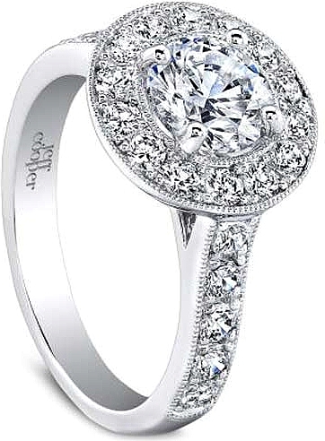 This image shows the setting with a 1.00ct round brilliant cut center diamond. The setting can be ordered to accommodate any shape/size diamond listed in the setting details section below.
