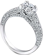 This image shows the setting with a 1.00ct round brilliant cut center diamond. The setting can be ordered to accommodate any shape/size diamond listed in the setting details section below.
