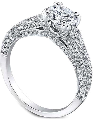 This image shows the setting with a 1.00ct round brilliant cut center diamond. The setting can be ordered to accommodate any shape/size diamond listed in the setting details section below.
