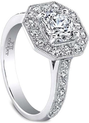 This image shows the setting with a 1.00ct cushion cut center diamond. The setting can be ordered to accommodate any shape/size diamond listed in the setting details section below.
