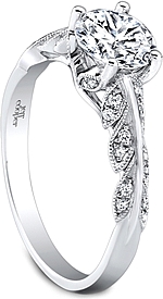 This image shows the setting with a 1.00ct round brilliant cut center diamond. The setting can be ordered to accommodate any shape/size diamond listed in the setting details section below.