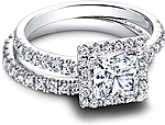 This image shows the setting with a 1.00ct princess cut center diamond. The setting can be ordered to accommodate any shape/size diamond listed in the setting details section below. Shown with the matching wedding band; Sold separately.
