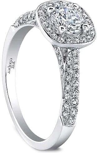This image shows the setting with a .75ct round brilliant cut center diamond. The setting can be ordered to accommodate any shape/size diamond listed in the setting details section below.

