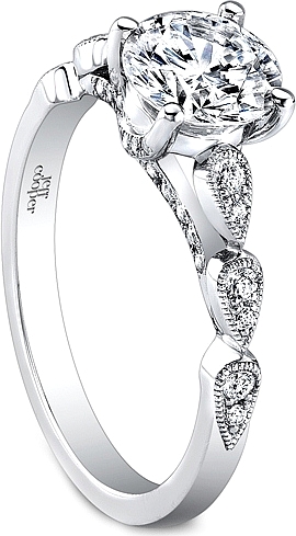 This image shows the setting with a 1.00ct round brilliant cut center diamond. The setting can be ordered to accommodate any shape/size diamond listed in the setting details section below.
