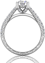 This image shows the setting with a 1.00ct round brilliant cut center diamond. The setting can be ordered to accommodate any shape/size diamond listed in the setting details section below.