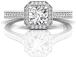 This image shows the setting with a 1.00ct round brilliant cut center diamond. The setting can be ordered to accommodate any shape/size diamond listed in the setting details section below.