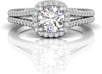 This image shows the setting with a 1.00ct round brilliant cut center diamond. The setting can be ordered to accommodate any shape/size diamond listed in the setting details section below.