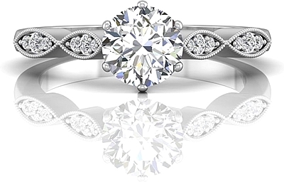 This image shows the setting with a 1.00ct round brilliant cut center diamond. The setting can be ordered to accommodate any shape/size diamond listed in the setting details section below.
