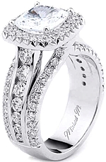 This image shows the setting with a 2.00ct cushion cut center diamond. The setting can be ordered to accommodate any shape/size diamond listed in the setting details section below.
