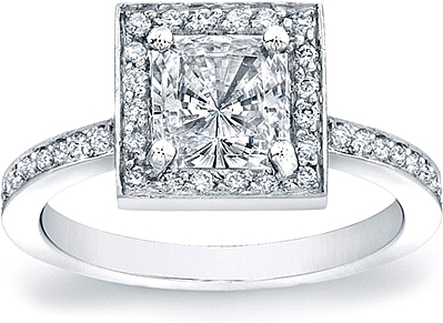 This image shows the setting with a 1.25ct princess cut center diamond. The setting can be ordered to accommodate any shape/size diamond listed in the setting details section below.