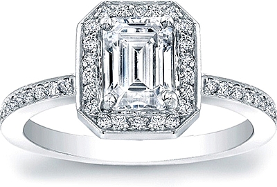 This image shows the setting with a 1.25ct emerald cut center diamond. The setting can be ordered to accommodate any shape/size diamond listed in the setting details section below.