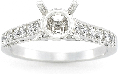 This image shows the setting with a basket made for 1.00ct round brilliant cut diamond. The setting can be ordered to accomodate any size/shape diamond listed on the setting details section below. 
