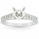 This image shows the setting with a basket made for 1.00ct round brilliant cut diamond. The setting can be ordered to accomodate any size/shape diamond listed on the setting details section below. 