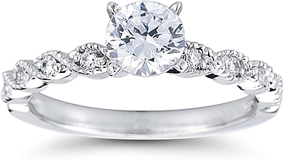 This image shows the setting with a 1.00ct round brilliant cut center diamond. The setting can be ordered to accommodate any shape/size diamond listed in the setting details section below.