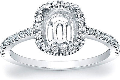 This image shows the setting with a basket made to hold a 1.50ct cushion cut center diamond. The setting can be ordered to accommodate any shape/size diamond listed in the setting details section below.