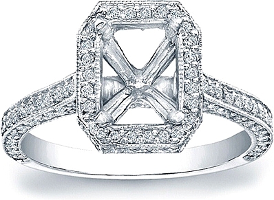 This image shows the setting with a basket made to hold a 1.50ct radiant cut center diamond. The setting can be ordered to accommodate any shape/size diamond listed in the setting details section below.