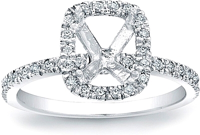 This image shows the setting with an empty basket meant for a cushion cut center diamond. The setting can be ordered to accommodate any shape/size diamond listed in the setting details section below.