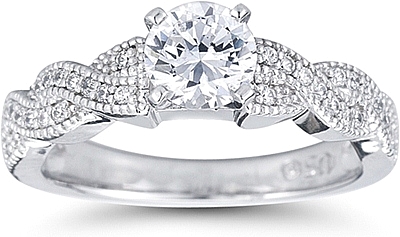 This image shows the setting with a 1.00ct round brilliant cut center diamond. The setting can be ordered to accommodate any shape/size diamond listed in the setting details section below.