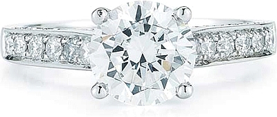 This image shows the setting with a 1.00ct round brilliant cut center diamond. The setting can be ordered to accommodate any shape/size diamond listed in the setting details section below.
