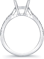 This image shows the setting with a basket made to hold a 1.00ct round brilliant cut center diamond. The setting can be ordered to accommodate any shape/size diamond listed in the setting details section below.
