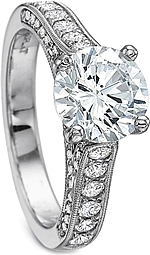 This image shows the setting with a 1.00ct round brilliant cut center diamond. The setting can be ordered to accommodate any shape/size diamond listed in the setting details section below.