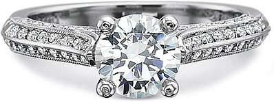 This image shows the setting with a 1.00ct round brilliant cut center diamond. The setting can be ordered to accommodate any shape/size diamond listed in the setting details section below.