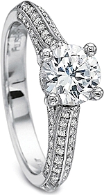This image shows the setting with a 1.00ct round brilliant cut center diamond. The setting can be ordered to accommodate any shape/size diamond listed in the setting details section below.