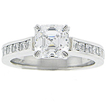 This image shows the setting with an asscher cut 1.50ct center diamond. The setting can be ordered to accomodate any shape/size diamond listed in the setting details section below.