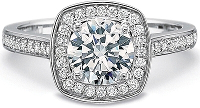 This image shows the setting with a 1.00ct round brilliant cut center diamond. The setting can be ordered to accommodate any shape/size diamond listed in the setting details section below.