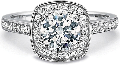 This image shows the setting with a 1.00ct round brilliant cut center diamond. The setting can be ordered to accommodate any shape/size diamond listed in the setting details section below. 