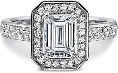 This image shows the setting with a 1.00ct emerald cut center diamond. The setting can be ordered to accommodate any shape/size diamond listed in the setting details section below.
