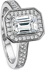 This image shows the setting with a 1.00ct emerald cut center diamond. The setting can be ordered to accommodate any shape/size diamond listed in the setting details section below.