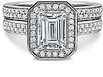 This image shows the setting with a 1.00ct emerald cut center diamond. The setting can be ordered to accommodate any shape/size diamond listed in the setting details section below. Shown with the matching wedding band; Sold separately.