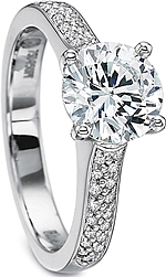 This image shows the setting with a 1.00ct round brilliant cut center diamond. The setting can be ordered to accommodate any shape/size diamond listed in the setting details section below.