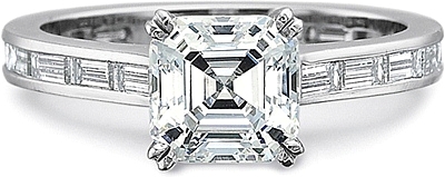 This image shows the setting with a 1.00ct asscher cut center diamond. The setting can be ordered to accommodate any shape/size diamond listed in the setting details section below.