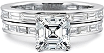 This image shows the setting with a 1.00ct asscher cut center diamond. The setting can be ordered to accommodate any shape/size diamond listed in the setting details section below. Shown with the matching wedding band; Sold separately.