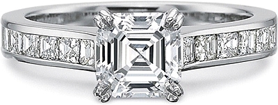 This image shows the setting with a 1.00ct asscher cut center diamond. The setting can be ordered to accommodate any shape/size diamond listed in the setting details section below.