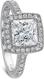 This image shows the setting with a 1.50ct princess cut center diamond. The setting can be ordered to accommodate any shape/size diamond listed in the setting details section below.