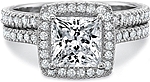 This image shows the setting with a 1.50ct princess cut center diamond. The setting can be ordered to accommodate any shape/size diamond listed in the setting details section below. Shown with the matching wedding band; Sold separately.