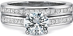 This image shows the setting with a 1.00ct round brilliant cut center diamond. The setting can be ordered to accommodate any shape/size diamond listed in the setting details section below. Shown with the matching wedding band; Sold separately.