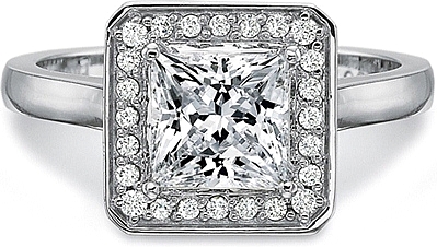 This image shows the setting with a 1.00ct princess cut center diamond. The setting can be ordered to accommodate any shape/size diamond listed in the setting details section below.