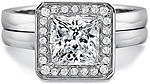 This image shows the setting with a 1.00ct princess cut center diamond. The setting can be ordered to accommodate any shape/size diamond listed in the setting details section below. Shown with the matching wedding band; Sold separately.
