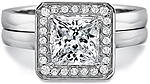 This image shows the setting with a 1.00ct princess cut center diamond. The setting can be ordered to accommodate any shape/size diamond listed in the setting details section below. Shown with the matching wedding band; sold separately.