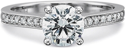 This image shows the setting with a 1.00ct round brilliant cut center diamond. The setting can be ordered to accommodate any shape/size diamond listed in the setting details section below.