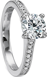 This image shows the setting with a 1.00ct round brilliant cut center diamond. The setting can be ordered to accommodate any shape/size diamond listed in the setting details section below.