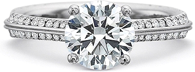 This image shows the setting with a 1.00ct round brilliant cut center diamond. The setting can be ordered to accommodate any shape/size diamond listed in the setting details section below.