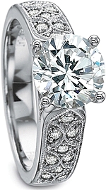 This image shows the setting with a 1.00ct round brilliant cut center diamond. The setting can be ordered to accommodate any shape/size diamond listed in the setting details section below.